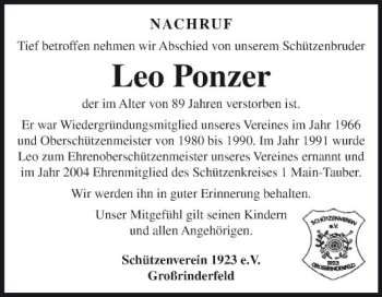 Traueranzeige von Leo Ponzer von Fränkische Nachrichten