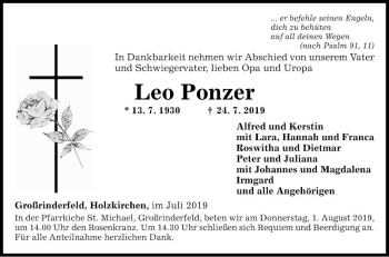 Traueranzeige von Leo Ponzer von Fränkische Nachrichten