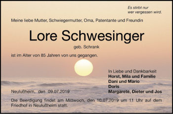 Traueranzeige von Lore Schwesinger von Schwetzinger Zeitung