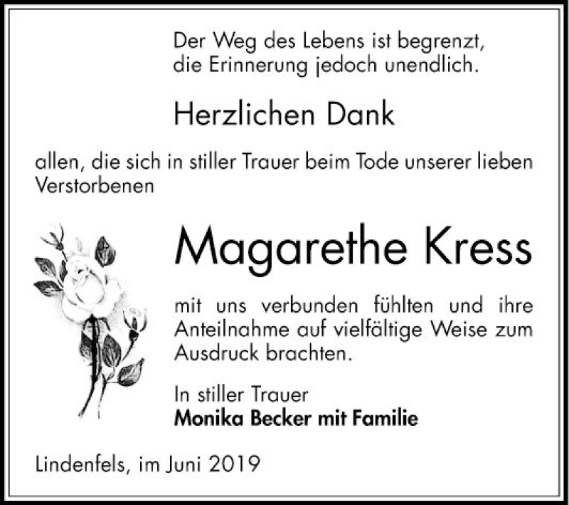  Traueranzeige für Magarethe Kress vom 29.06.2019 aus Bergsträßer Anzeiger