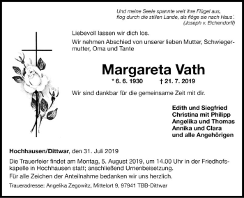 Traueranzeige von Margarethe Vath von Fränkische Nachrichten