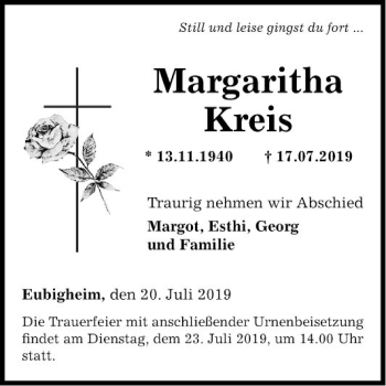 Traueranzeige von Margaritha Kreis von Fränkische Nachrichten