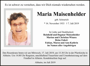 Traueranzeige von Maria Maisenhelder von Fränkische Nachrichten