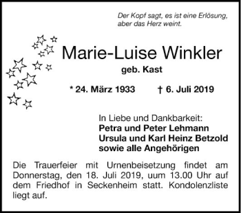 Traueranzeige von Marie-Luise Winkler von Mannheimer Morgen