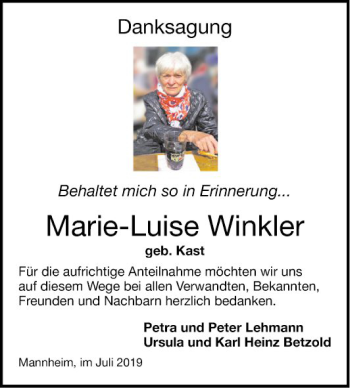 Traueranzeige von Marie-Luise Winkler von Mannheimer Morgen