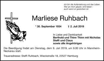 Traueranzeige von Marliese Ruhbach von Mannheimer Morgen