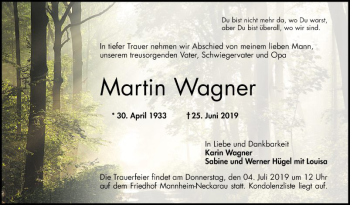 Traueranzeige von Martin Wagner von Mannheimer Morgen