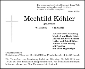 Traueranzeige von Mechtild Köhler von Bergsträßer Anzeiger