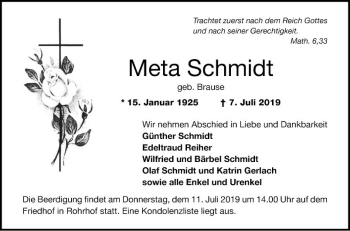 Traueranzeige von Meta Schmidt von Schwetzinger Zeitung