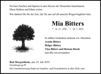 Traueranzeige von Mia Bitters von Fränkische Nachrichten