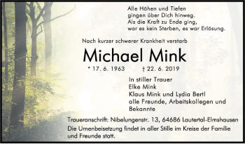 Traueranzeige von Michael Mink von Bergsträßer Anzeiger