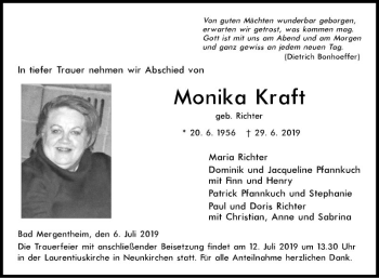 Traueranzeige von Monika Kraft von Fränkische Nachrichten