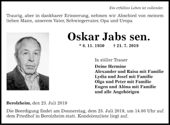 Traueranzeige von Oskar Jabs sen. von Fränkische Nachrichten