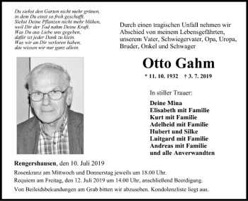 Traueranzeige von Otto Gahm von Fränkische Nachrichten