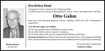 Traueranzeige von Otto Gahm von Fränkische Nachrichten