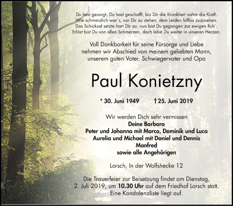  Traueranzeige für Paul Konietzny vom 29.06.2019 aus Bergsträßer Anzeiger