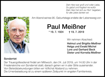 Traueranzeige von Paul Meißner von Fränkische Nachrichten