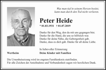 Traueranzeige von Peter Heide von Fränkische Nachrichten