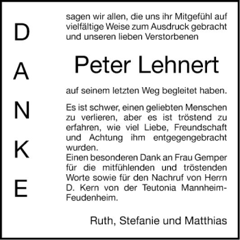 Traueranzeige von Peter Lehnert von Mannheimer Morgen