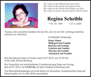 Traueranzeige von Regina Scheible von Fränkische Nachrichten