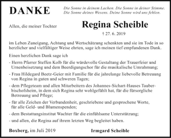 Traueranzeige von Regina Scheible von Fränkische Nachrichten