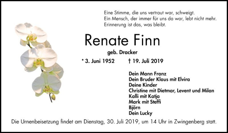  Traueranzeige für Renate Finn vom 27.07.2019 aus Bergsträßer Anzeiger