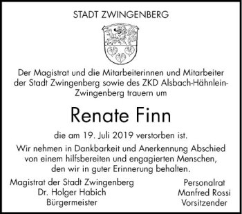 Traueranzeige von Renate Finn von Bergsträßer Anzeiger