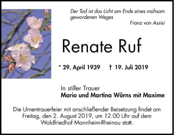 Traueranzeige von Renate Ruf von Mannheimer Morgen