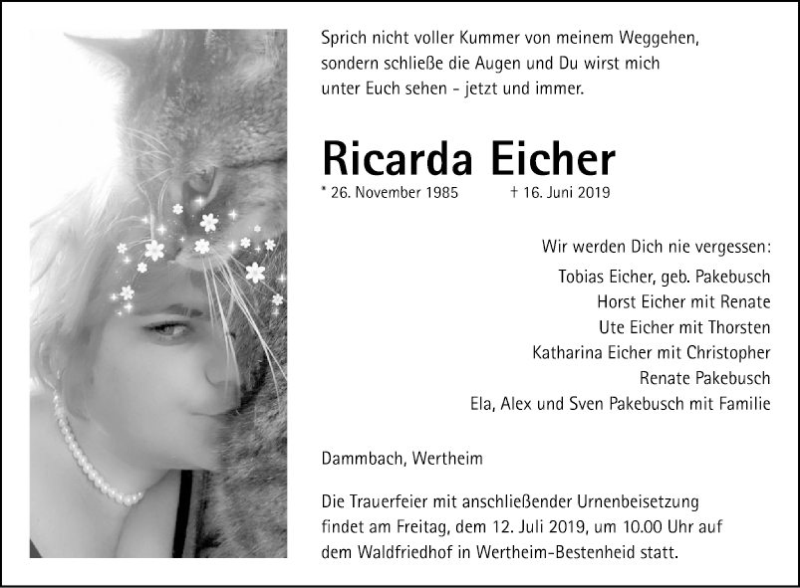  Traueranzeige für Ricarda Eicher vom 06.07.2019 aus Fränkische Nachrichten