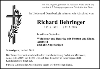 Traueranzeige von Richard Behringer von Fränkische Nachrichten