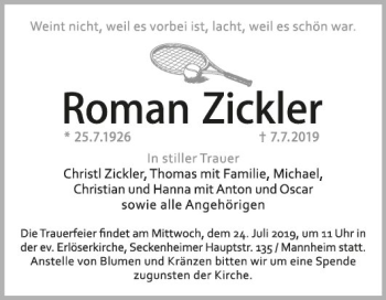 Traueranzeige von Roman Zickler von Mannheimer Morgen