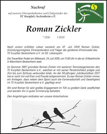 Traueranzeige von Roman Zickler von Mannheimer Morgen