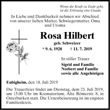 Traueranzeige von Rosa Hilbert von Fränkische Nachrichten