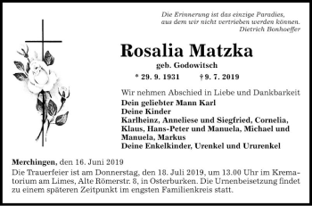 Traueranzeige von Rosalia Matzka von Fränkische Nachrichten