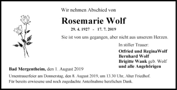 Traueranzeige von Rosemarie Wolf von Fränkische Nachrichten