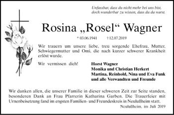 Traueranzeige von Rosina Wagner von Schwetzinger Zeitung