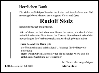 Traueranzeige von Rudolf Stolz von Fränkische Nachrichten