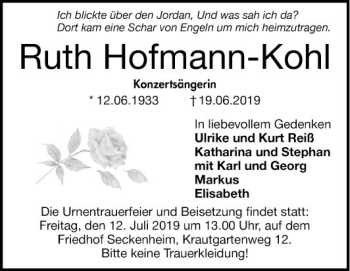 Traueranzeige von Ruth Hofmann-Kohl von Mannheimer Morgen