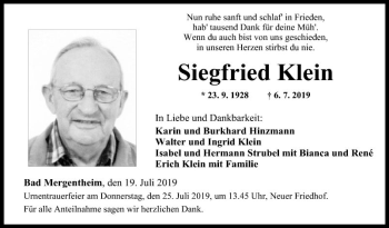 Traueranzeige von Siegfried Klein von Fränkische Nachrichten