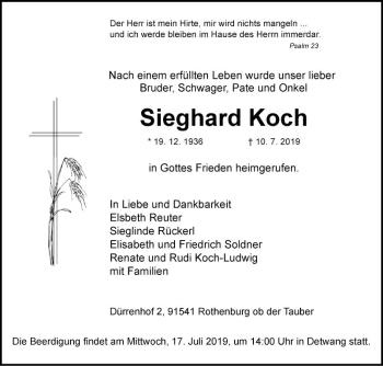 Traueranzeige von Sieghard Koch von Fränkische Nachrichten