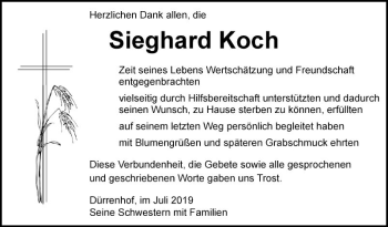 Traueranzeige von Sieghard Koch von Fränkische Nachrichten