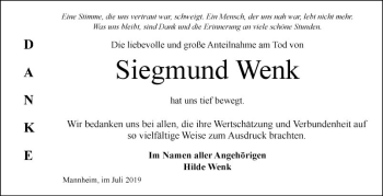 Traueranzeige von Siegmund Wenk von Mannheimer Morgen