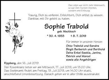 Traueranzeige von Sophie  Trabold von Fränkische Nachrichten