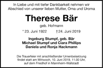 Traueranzeige von Therese Bär von Mannheimer Morgen