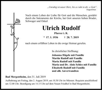 Traueranzeige von Ulrich Rudolf von Fränkische Nachrichten