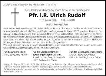 Traueranzeige von Ulrich Rudolf von Fränkische Nachrichten