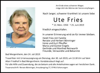 Traueranzeige von Ute Fries von Fränkische Nachrichten