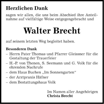 Traueranzeige von Walter Brecht von Fränkische Nachrichten