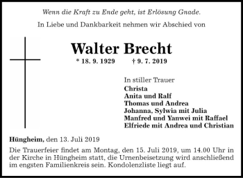 Traueranzeige von Walter Brecht von Fränkische Nachrichten