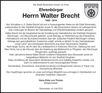 Traueranzeige von Walter Brecht von Fränkische Nachrichten